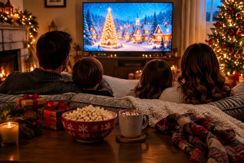 A family watches a festive winter scene on television beside a Christmas tree, popcorn, gifts and hot cocoa