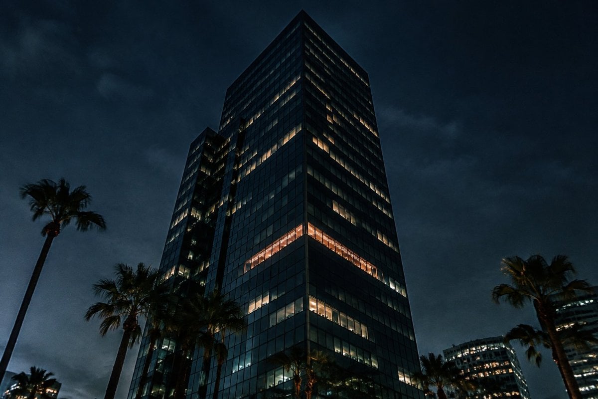 A tall glass office tower at night with palm trees below