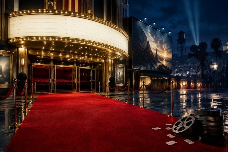 An empty red carpet outside a grand movie theater at night