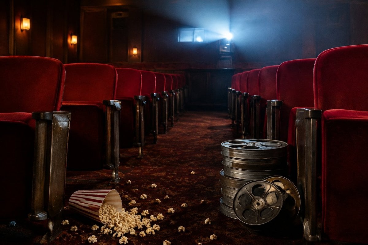 An empty old movie theater with spilled popcorn and film reels